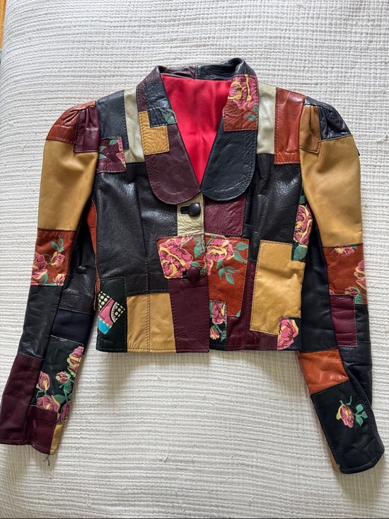 No Tags Found Jackets & Blazers - Patchwork Floral Leather Cropped Jacket in Multi-Color